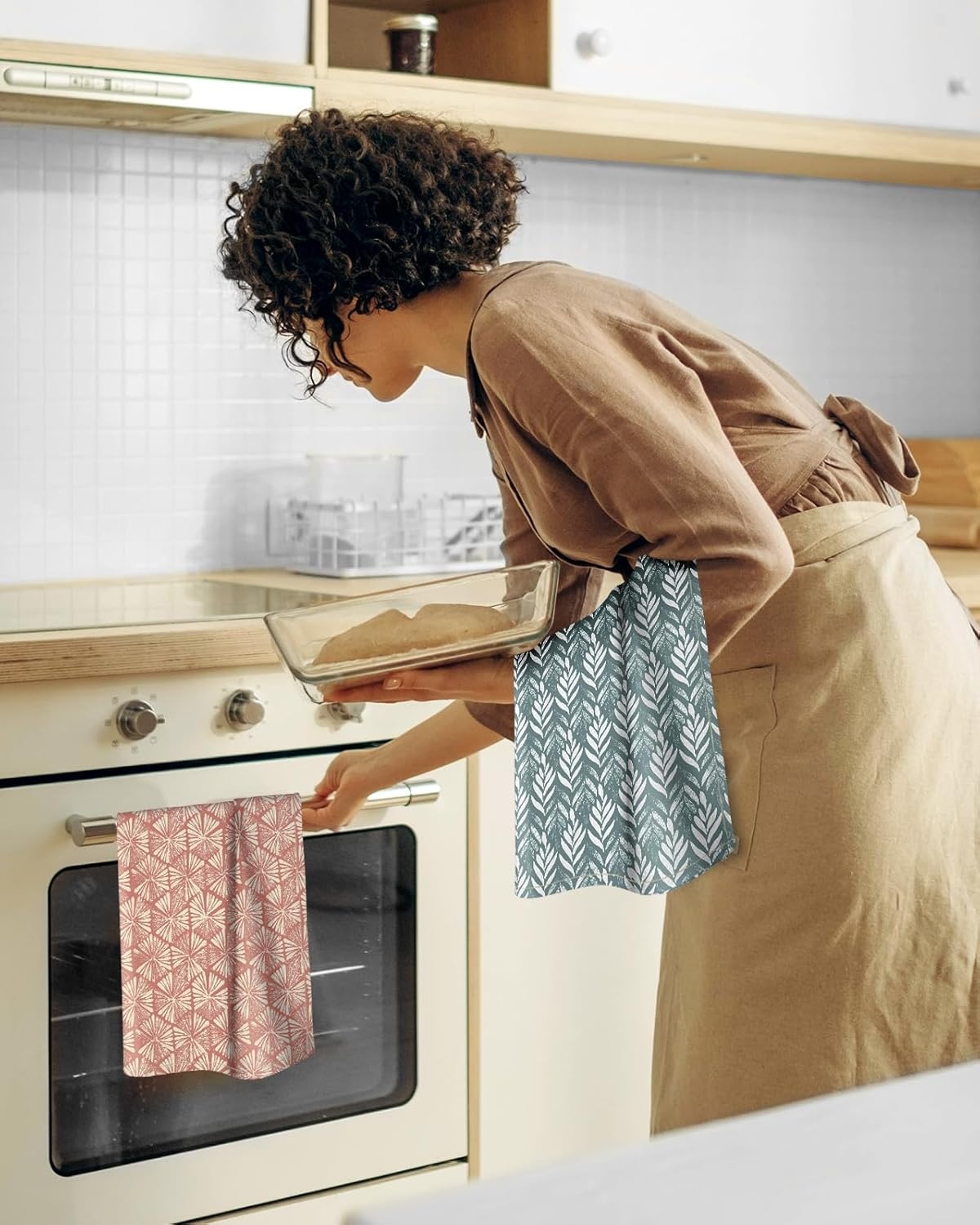image:imageMiss Adola 2 Pack Flour Sack Kitchen Towels 16x26 Inch Cotton Dish Towels with Hanging Loop Reusable Geometric Boho Modern Retro Tea Towel Absorbent Dishcloths Home Decor Beige Checkered FlowerBotanical Flower