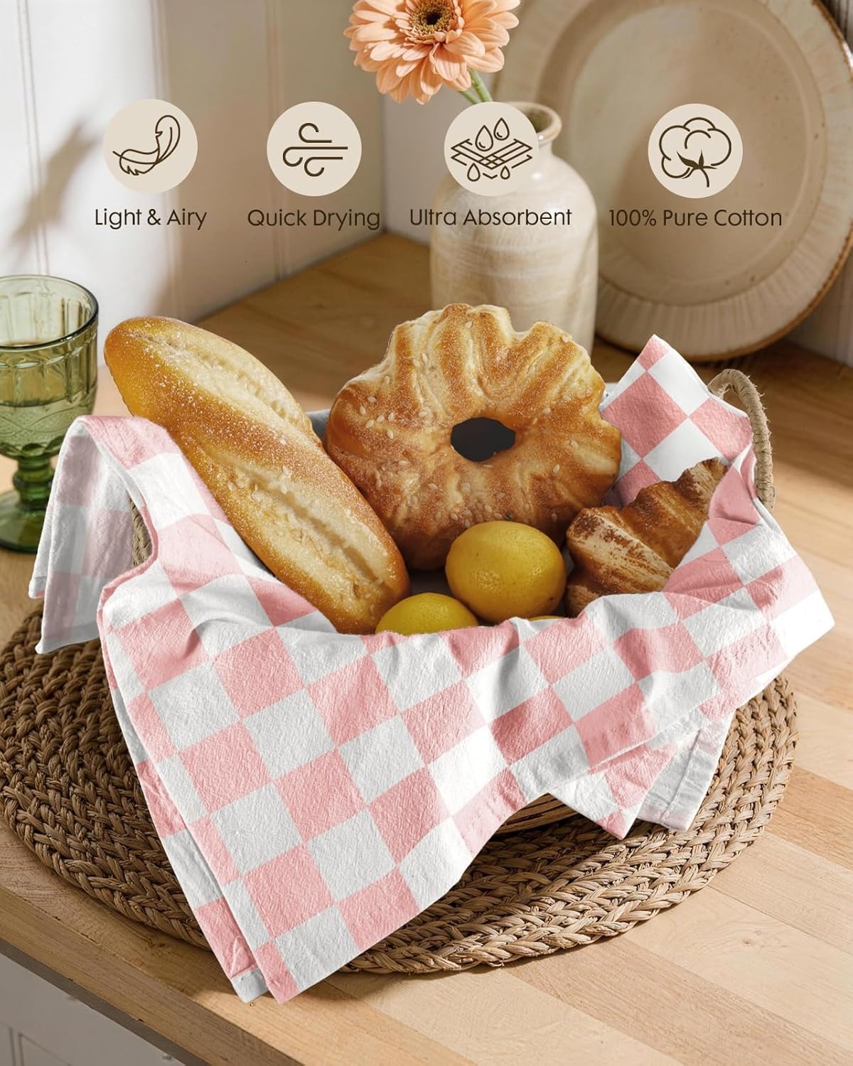 image:imageMiss Adola 2 Pack Flour Sack Kitchen Towels 16x26 Inch Cotton Dish Towels with Hanging Loop Reusable Geometric Boho Modern Retro Tea Towel Absorbent Dishcloths Home Decor Beige Checkered FlowerPink Bow