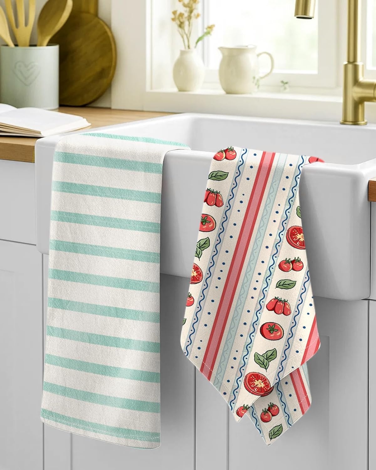 image:imageMiss Adola 2 Pack Flour Sack Kitchen Towels 16x26 Inch Cotton Dish Towels with Hanging Loop Reusable Geometric Boho Modern Retro Tea Towel Absorbent Dishcloths Home Decor Beige Checkered FlowerStripe Fruit