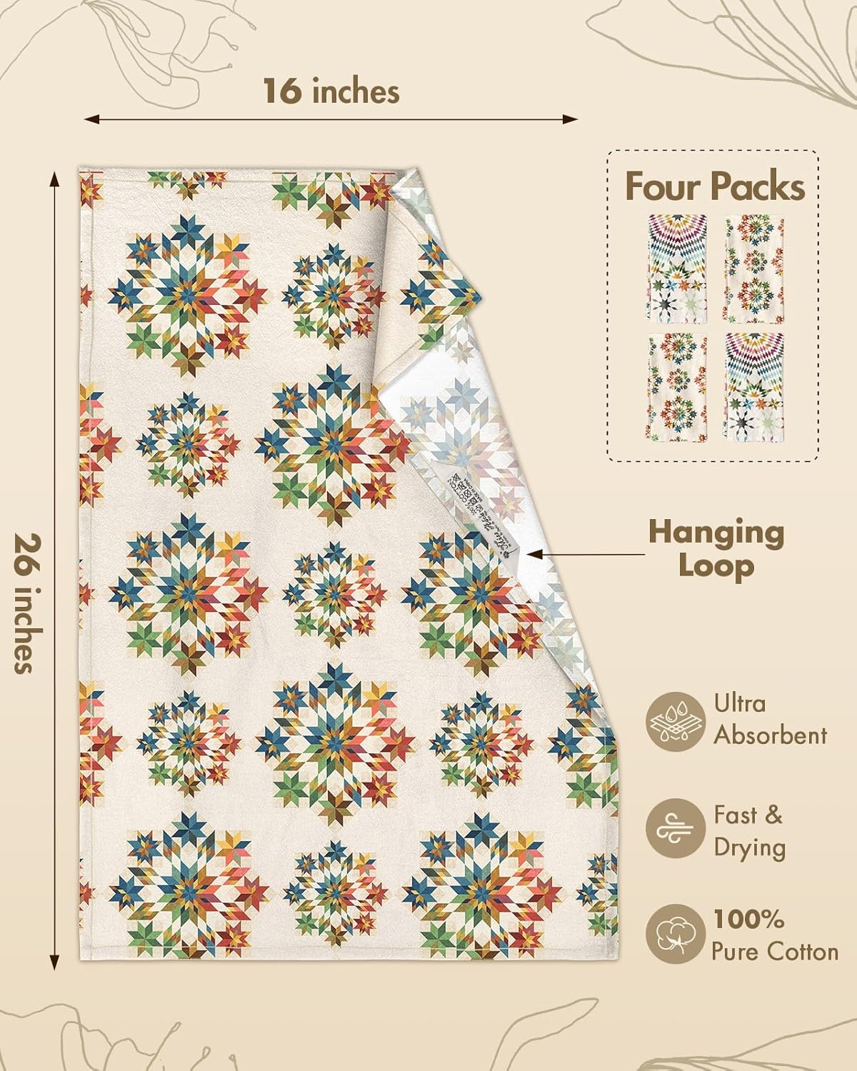 image:imageMiss Adola 2 Pack Flour Sack Kitchen Towels 16x26 Inch Cotton Dish Towels with Hanging Loop Reusable Geometric Boho Modern Retro Tea Towel Absorbent Dishcloths Home Decor Beige Checkered FlowerStarburst Design