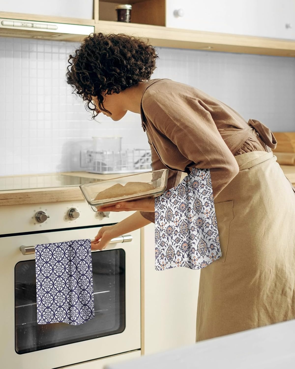 image:imageMiss Adola 2 Pack Flour Sack Kitchen Towels 16x26 Inch Cotton Dish Towels with Hanging Loop Reusable Geometric Boho Modern Retro Tea Towel Absorbent Dishcloths Home Decor Beige Checkered FlowerBlue Boho Style