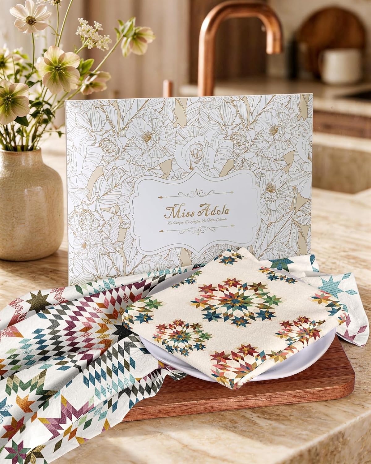 image:imageMiss Adola 2 Pack Flour Sack Kitchen Towels 16x26 Inch Cotton Dish Towels with Hanging Loop Reusable Geometric Boho Modern Retro Tea Towel Absorbent Dishcloths Home Decor Beige Checkered FlowerStarburst Design