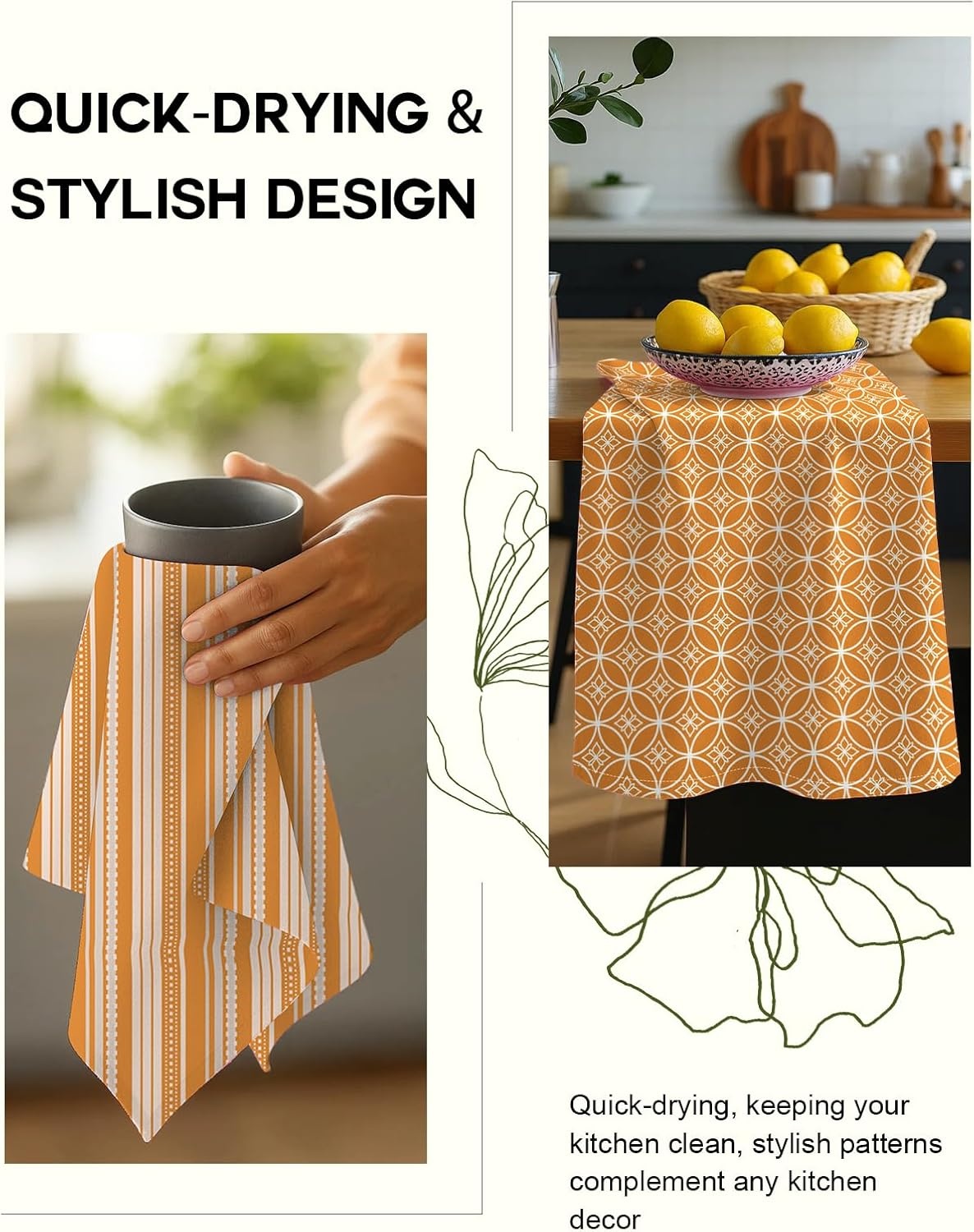 image:imageMiss Adola 2 Pack Flour Sack Kitchen Towels 16x26 Inch Cotton Dish Towels with Hanging Loop Reusable Geometric Boho Modern Retro Tea Towel Absorbent Dishcloths Home Decor Beige Checkered FlowerOrange Stripe
