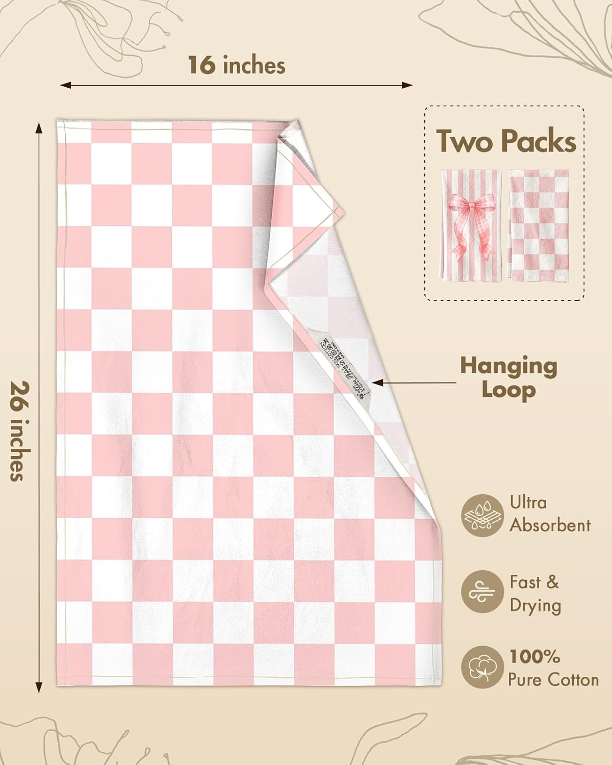image:imageMiss Adola 2 Pack Flour Sack Kitchen Towels 16x26 Inch Cotton Dish Towels with Hanging Loop Reusable Geometric Boho Modern Retro Tea Towel Absorbent Dishcloths Home Decor Beige Checkered FlowerPink Bow