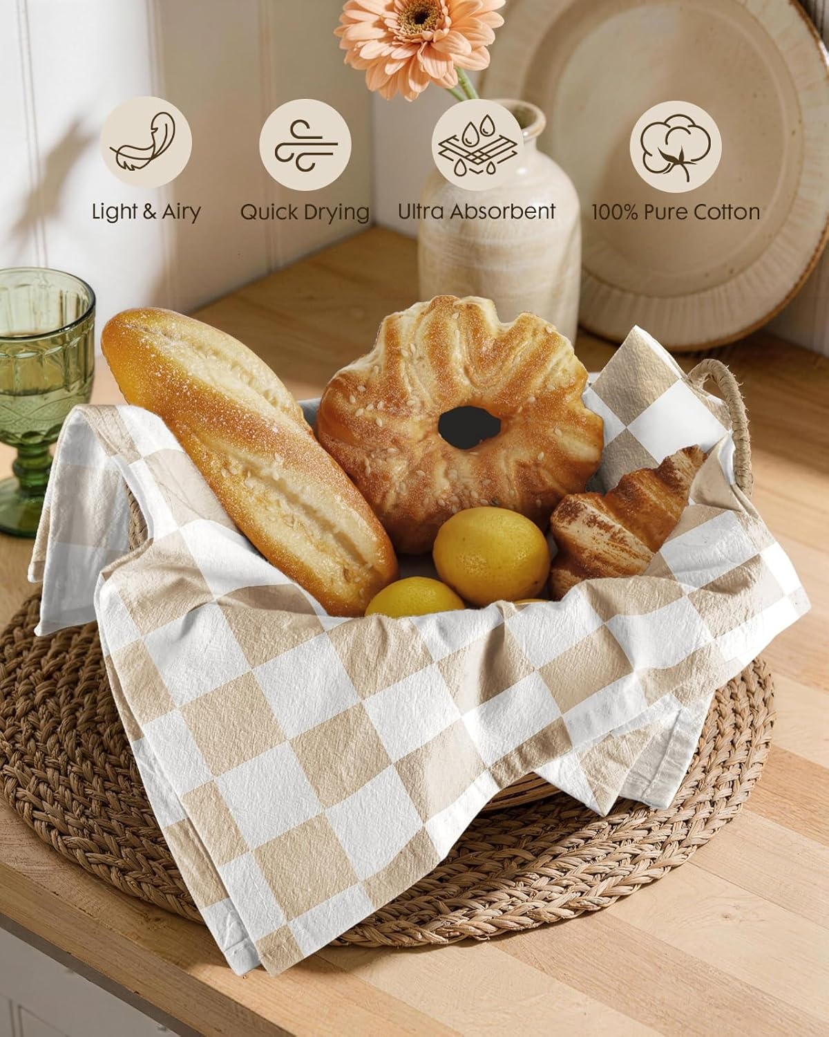 image:imageMiss Adola 2 Pack Flour Sack Kitchen Towels 16x26 Inch Cotton Dish Towels with Hanging Loop Reusable Geometric Boho Modern Retro Tea Towel Absorbent Dishcloths Home Decor Beige Checkered FlowerBeige Daisy