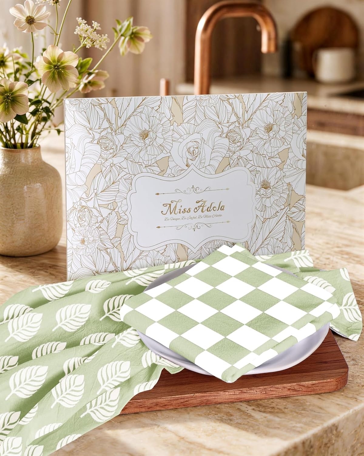 image:imageMiss Adola 2 Pack Flour Sack Kitchen Towels 16x26 Inch Cotton Dish Towels with Hanging Loop Reusable Geometric Boho Modern Retro Tea Towel Absorbent Dishcloths Home Decor Beige Checkered FlowerGreen Leaf