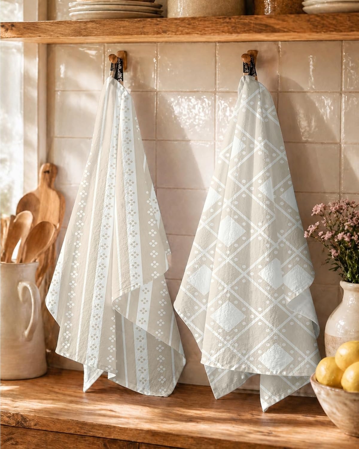 image:imageMiss Adola 2 Pack Flour Sack Kitchen Towels 16x26 Inch Cotton Dish Towels with Hanging Loop Reusable Geometric Boho Modern Retro Tea Towel Absorbent Dishcloths Home Decor Beige Checkered FlowerBeige Bohemia