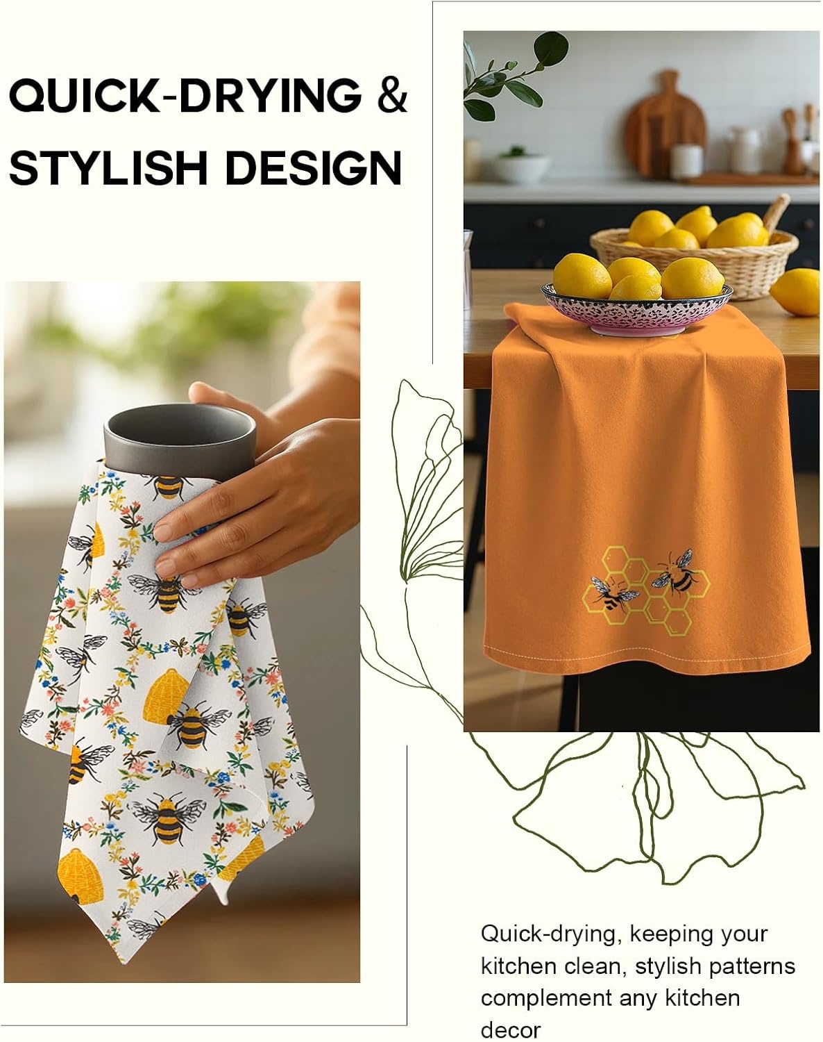 image:imageMiss Adola 2 Pack Flour Sack Kitchen Towels 16x26 Inch Cotton Dish Towels with Hanging Loop Reusable Geometric Boho Modern Retro Tea Towel Absorbent Dishcloths Home Decor Beige Checkered FlowerOrange Bee