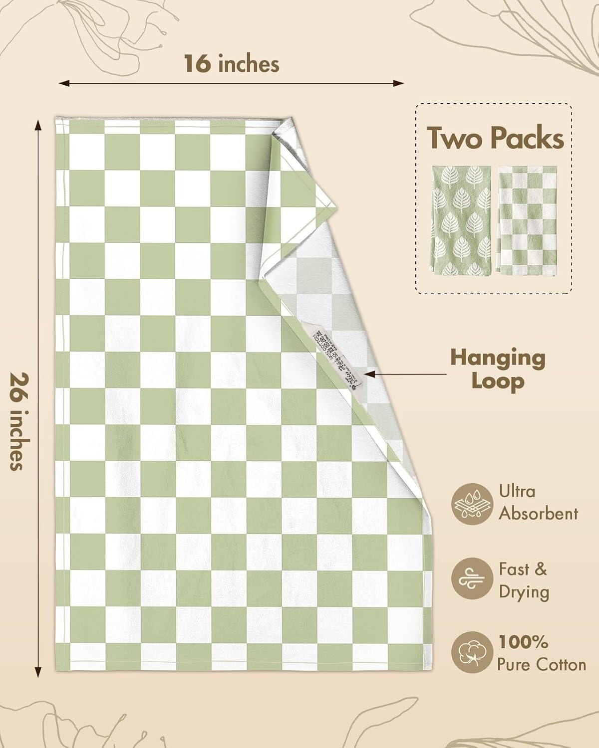 image:imageMiss Adola 2 Pack Flour Sack Kitchen Towels 16x26 Inch Cotton Dish Towels with Hanging Loop Reusable Geometric Boho Modern Retro Tea Towel Absorbent Dishcloths Home Decor Beige Checkered FlowerGreen Leaf