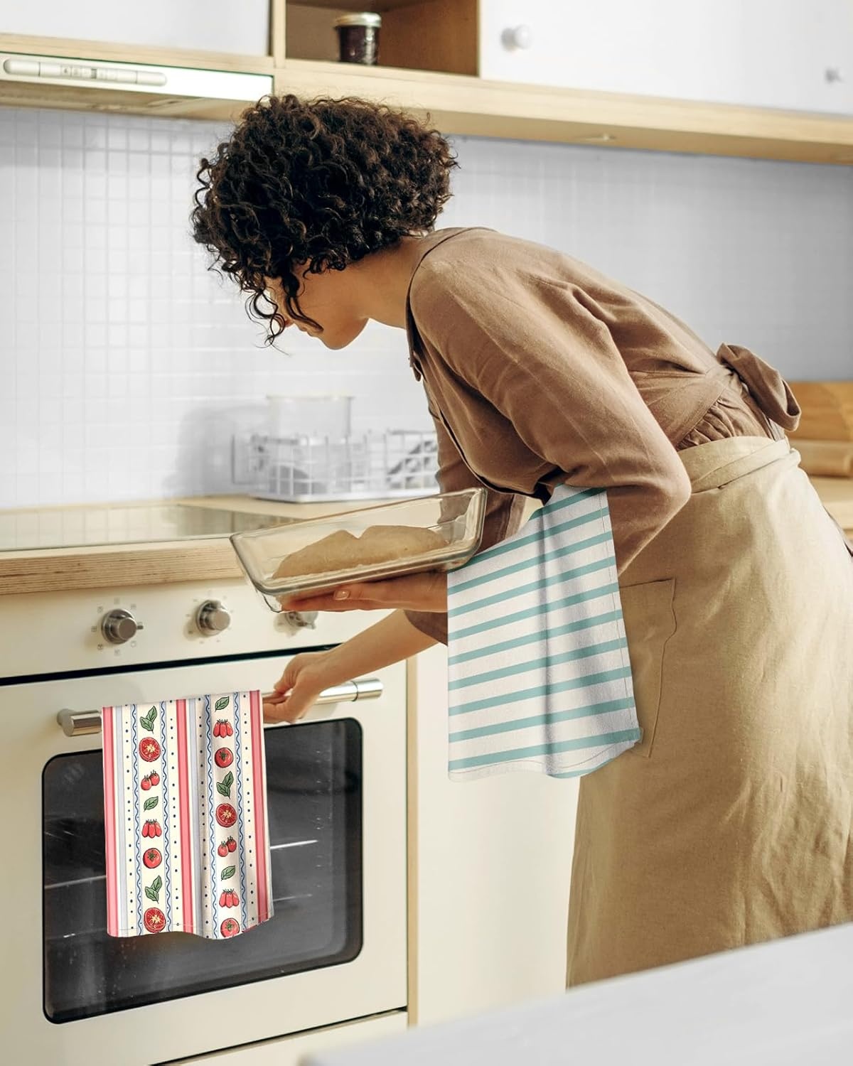 image:imageMiss Adola 2 Pack Flour Sack Kitchen Towels 16x26 Inch Cotton Dish Towels with Hanging Loop Reusable Geometric Boho Modern Retro Tea Towel Absorbent Dishcloths Home Decor Beige Checkered FlowerStripe Fruit