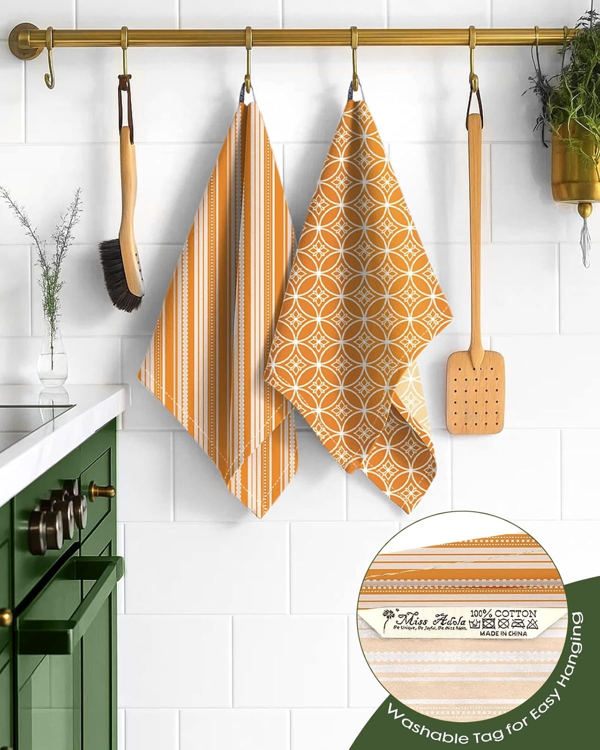 image:imageMiss Adola 2 Pack Flour Sack Kitchen Towels 16x26 Inch Cotton Dish Towels with Hanging Loop Reusable Geometric Boho Modern Retro Tea Towel Absorbent Dishcloths Home Decor Beige Checkered FlowerOrange Stripe