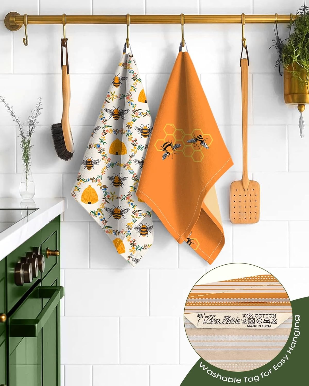 image:imageMiss Adola 2 Pack Flour Sack Kitchen Towels 16x26 Inch Cotton Dish Towels with Hanging Loop Reusable Geometric Boho Modern Retro Tea Towel Absorbent Dishcloths Home Decor Beige Checkered FlowerOrange Bee
