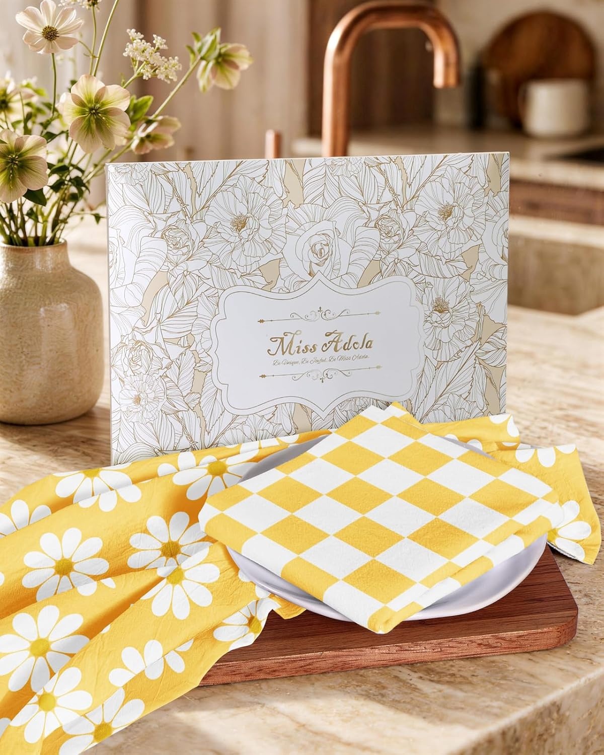 image:imageMiss Adola 2 Pack Flour Sack Kitchen Towels 16x26 Inch Cotton Dish Towels with Hanging Loop Reusable Geometric Boho Modern Retro Tea Towel Absorbent Dishcloths Home Decor Beige Checkered FlowerYellow Daisy