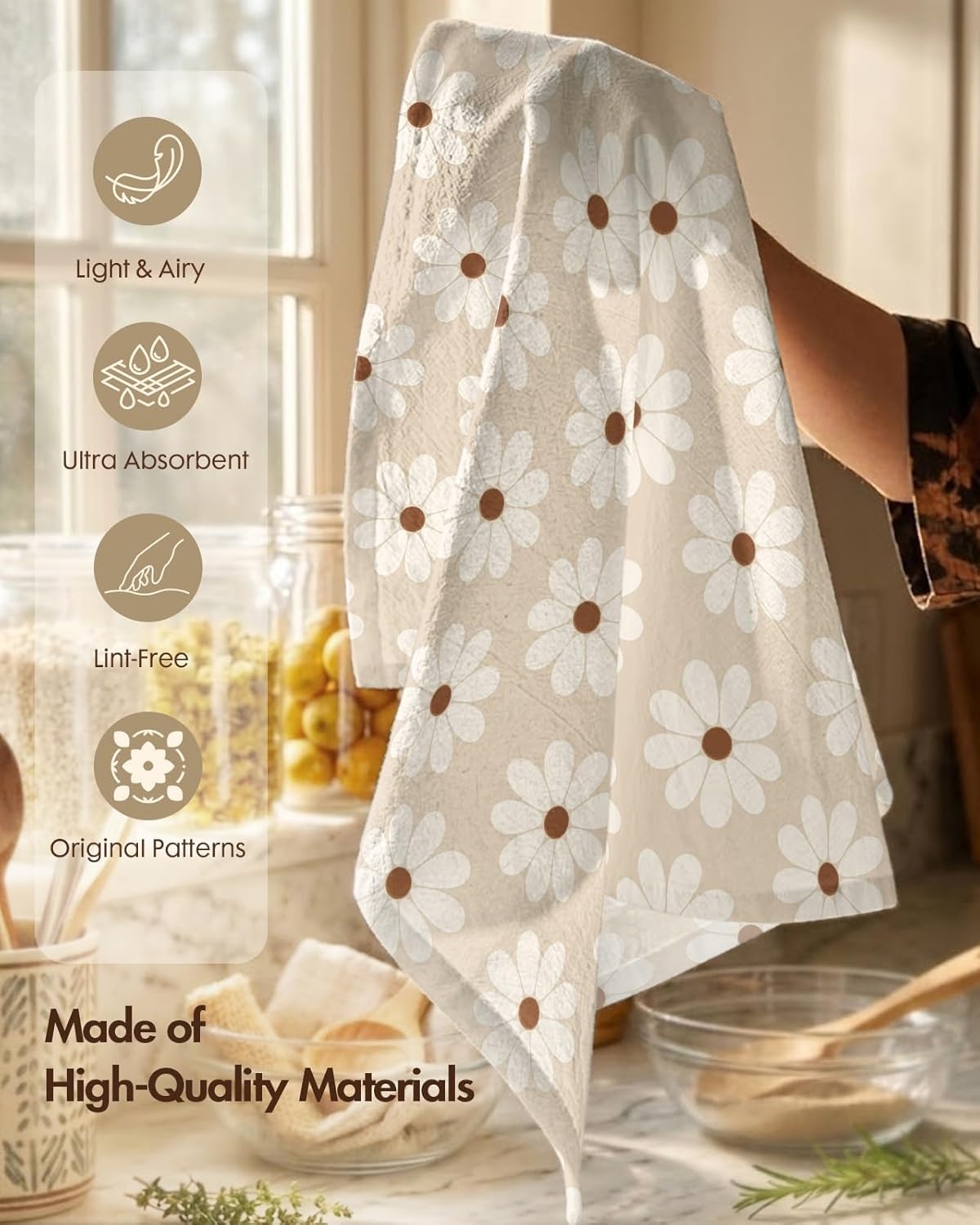 image:imageMiss Adola 2 Pack Flour Sack Kitchen Towels 16x26 Inch Cotton Dish Towels with Hanging Loop Reusable Geometric Boho Modern Retro Tea Towel Absorbent Dishcloths Home Decor Beige Checkered FlowerBeige Daisy