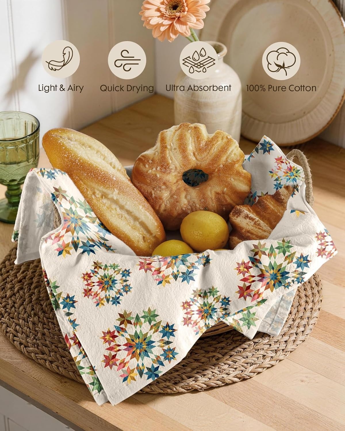image:imageMiss Adola 2 Pack Flour Sack Kitchen Towels 16x26 Inch Cotton Dish Towels with Hanging Loop Reusable Geometric Boho Modern Retro Tea Towel Absorbent Dishcloths Home Decor Beige Checkered FlowerStarburst Design
