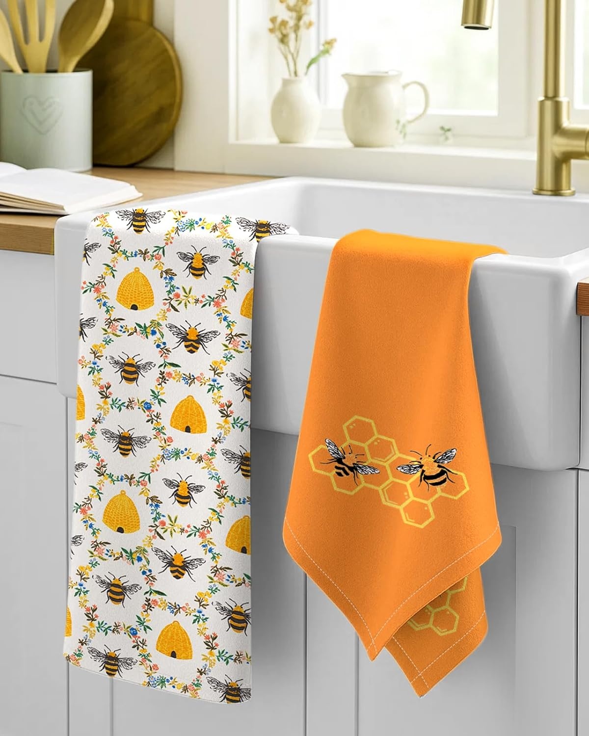 image:imageMiss Adola 2 Pack Flour Sack Kitchen Towels 16x26 Inch Cotton Dish Towels with Hanging Loop Reusable Geometric Boho Modern Retro Tea Towel Absorbent Dishcloths Home Decor Beige Checkered FlowerOrange Bee