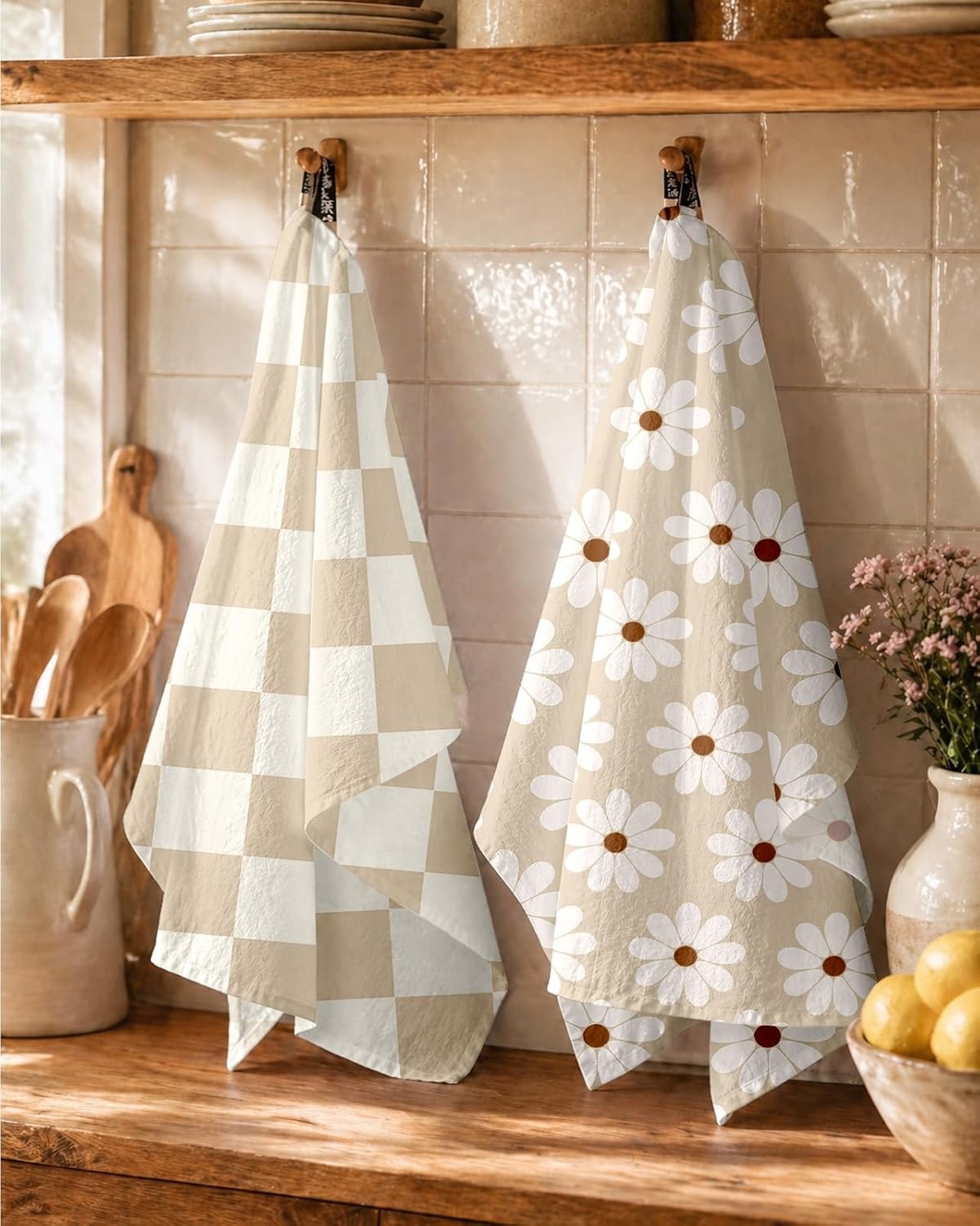 image:imageMiss Adola 2 Pack Flour Sack Kitchen Towels 16x26 Inch Cotton Dish Towels with Hanging Loop Reusable Geometric Boho Modern Retro Tea Towel Absorbent Dishcloths Home Decor Beige Checkered FlowerBeige Daisy