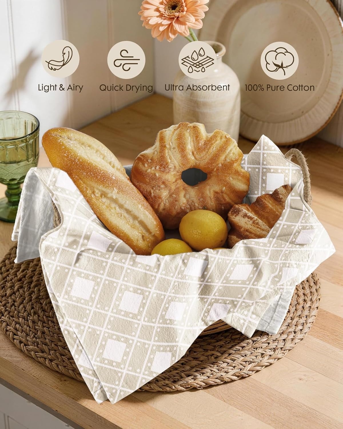image:imageMiss Adola 2 Pack Flour Sack Kitchen Towels 16x26 Inch Cotton Dish Towels with Hanging Loop Reusable Geometric Boho Modern Retro Tea Towel Absorbent Dishcloths Home Decor Beige Checkered FlowerBeige Bohemia