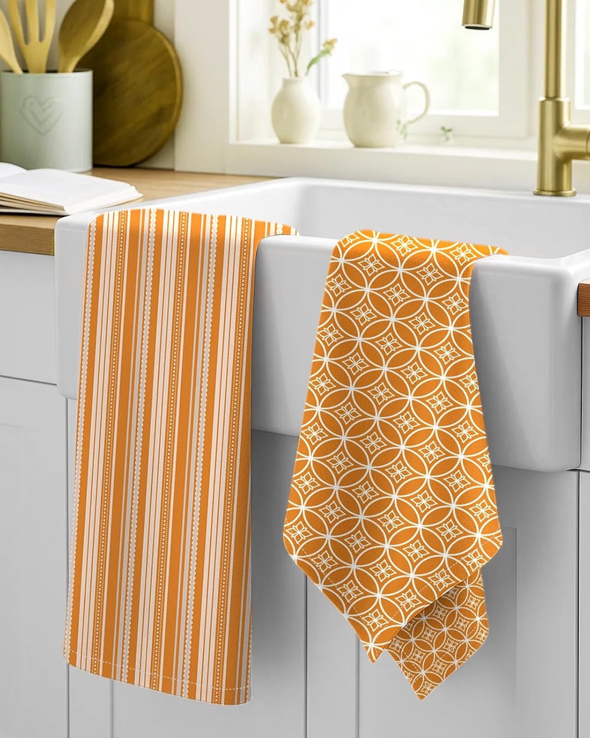 image:imageMiss Adola 2 Pack Flour Sack Kitchen Towels 16x26 Inch Cotton Dish Towels with Hanging Loop Reusable Geometric Boho Modern Retro Tea Towel Absorbent Dishcloths Home Decor Beige Checkered FlowerOrange Stripe
