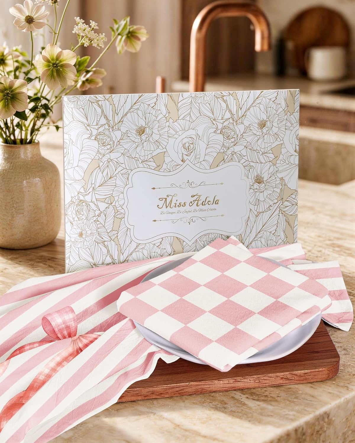 image:imageMiss Adola 2 Pack Flour Sack Kitchen Towels 16x26 Inch Cotton Dish Towels with Hanging Loop Reusable Geometric Boho Modern Retro Tea Towel Absorbent Dishcloths Home Decor Beige Checkered FlowerPink Bow