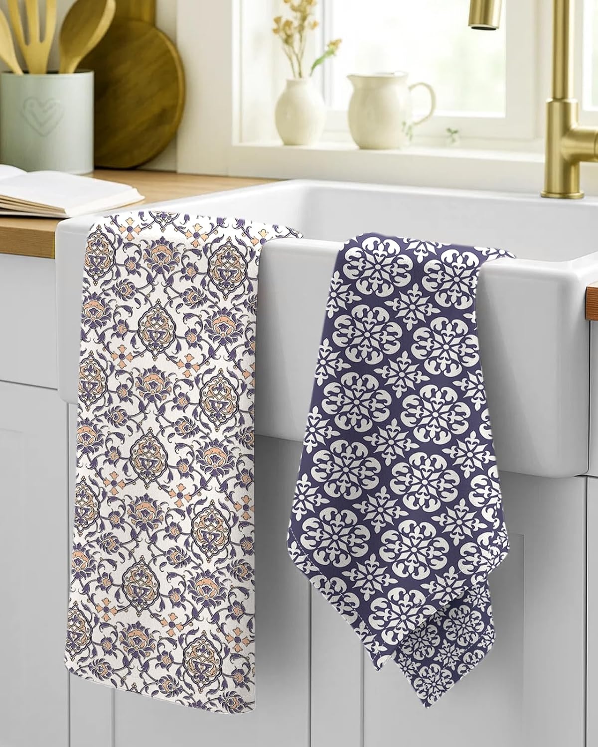 image:imageMiss Adola 2 Pack Flour Sack Kitchen Towels 16x26 Inch Cotton Dish Towels with Hanging Loop Reusable Geometric Boho Modern Retro Tea Towel Absorbent Dishcloths Home Decor Beige Checkered FlowerBlue Boho Style