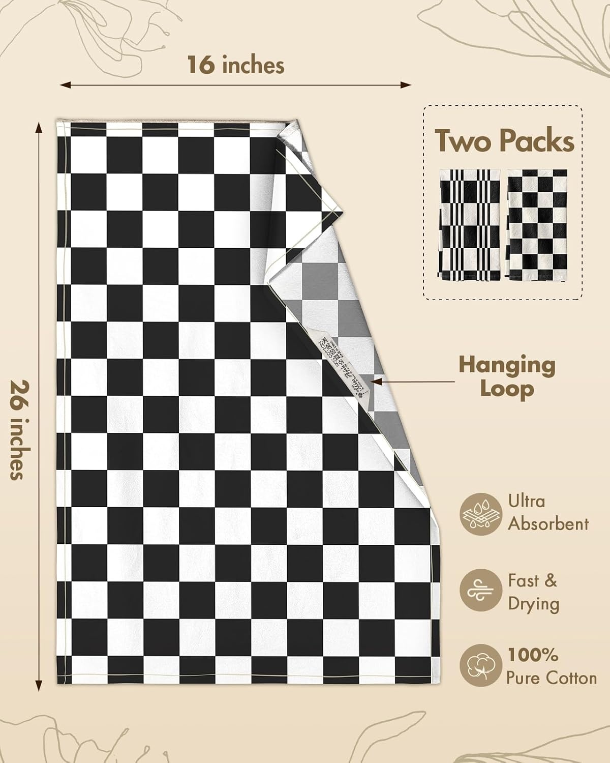 image:imageMiss Adola 2 Pack Flour Sack Kitchen Towels 16x26 Inch Cotton Dish Towels with Hanging Loop Reusable Geometric Boho Modern Retro Tea Towel Absorbent Dishcloths Home Decor Beige Checkered FlowerCheckered