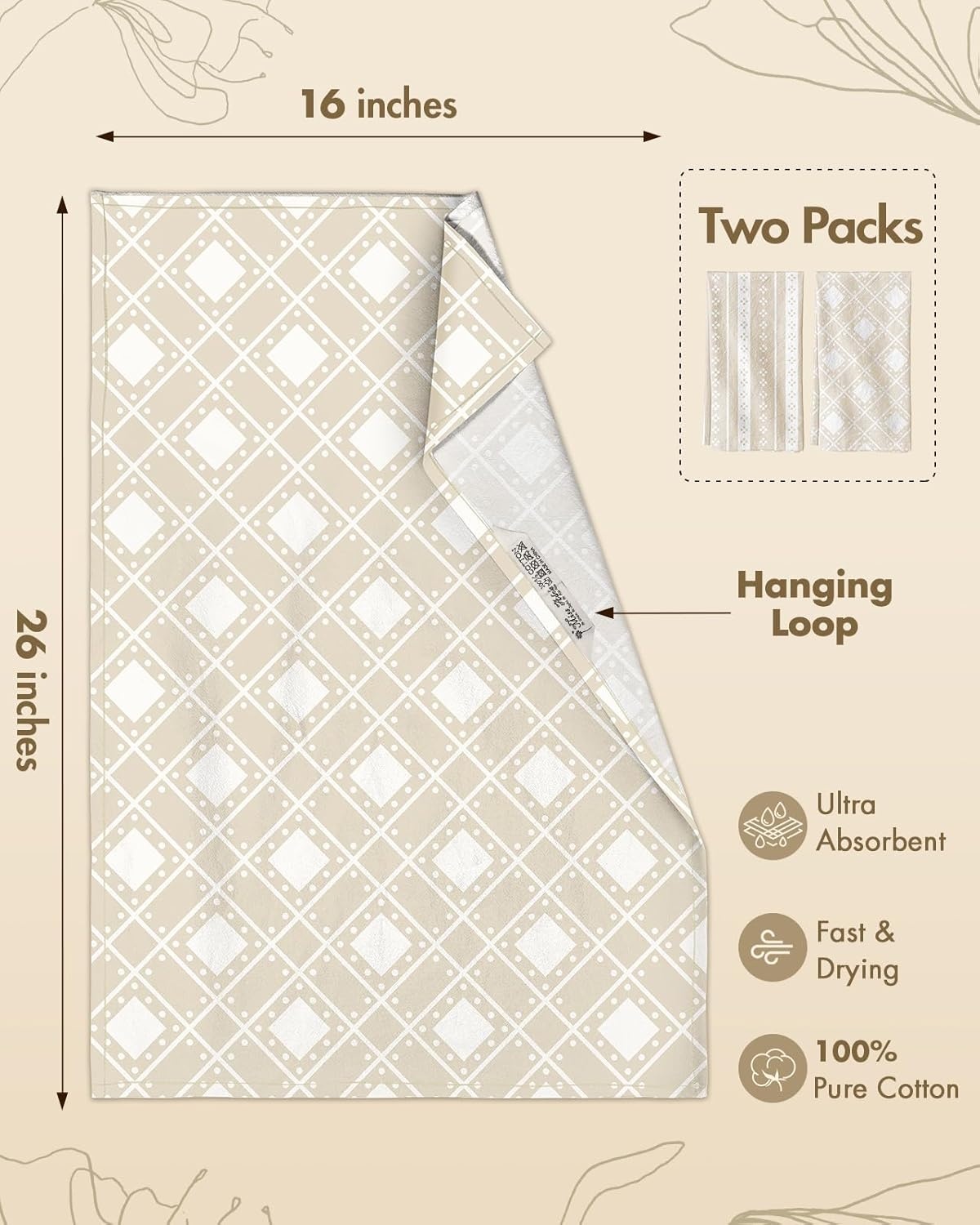image:imageMiss Adola 2 Pack Flour Sack Kitchen Towels 16x26 Inch Cotton Dish Towels with Hanging Loop Reusable Geometric Boho Modern Retro Tea Towel Absorbent Dishcloths Home Decor Beige Checkered FlowerBeige Bohemia