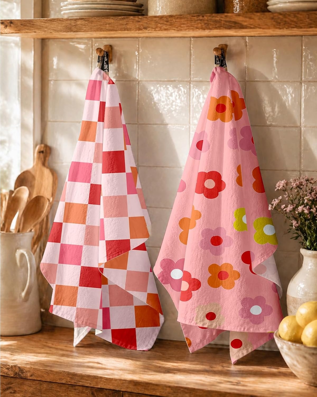 image:imageMiss Adola 2 Pack Flour Sack Kitchen Towels 16x26 Inch Cotton Dish Towels with Hanging Loop Reusable Geometric Boho Modern Tea Towel Absorbent Dishcloths Home Decor Beige BohemiaPink Checkered Flower