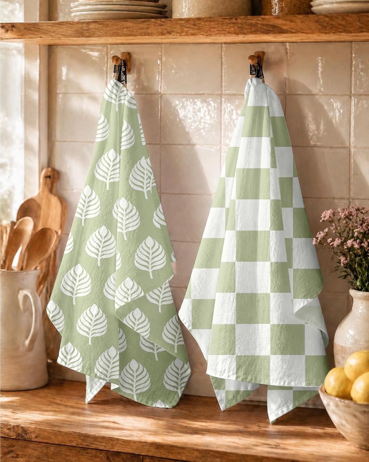image:imageMiss Adola 2 Pack Flour Sack Kitchen Towels 16x26 Inch Cotton Dish Towels with Hanging Loop Reusable Geometric Boho Modern Tea Towel Absorbent Dishcloths Home Decor Beige BohemiaGreen Leaf