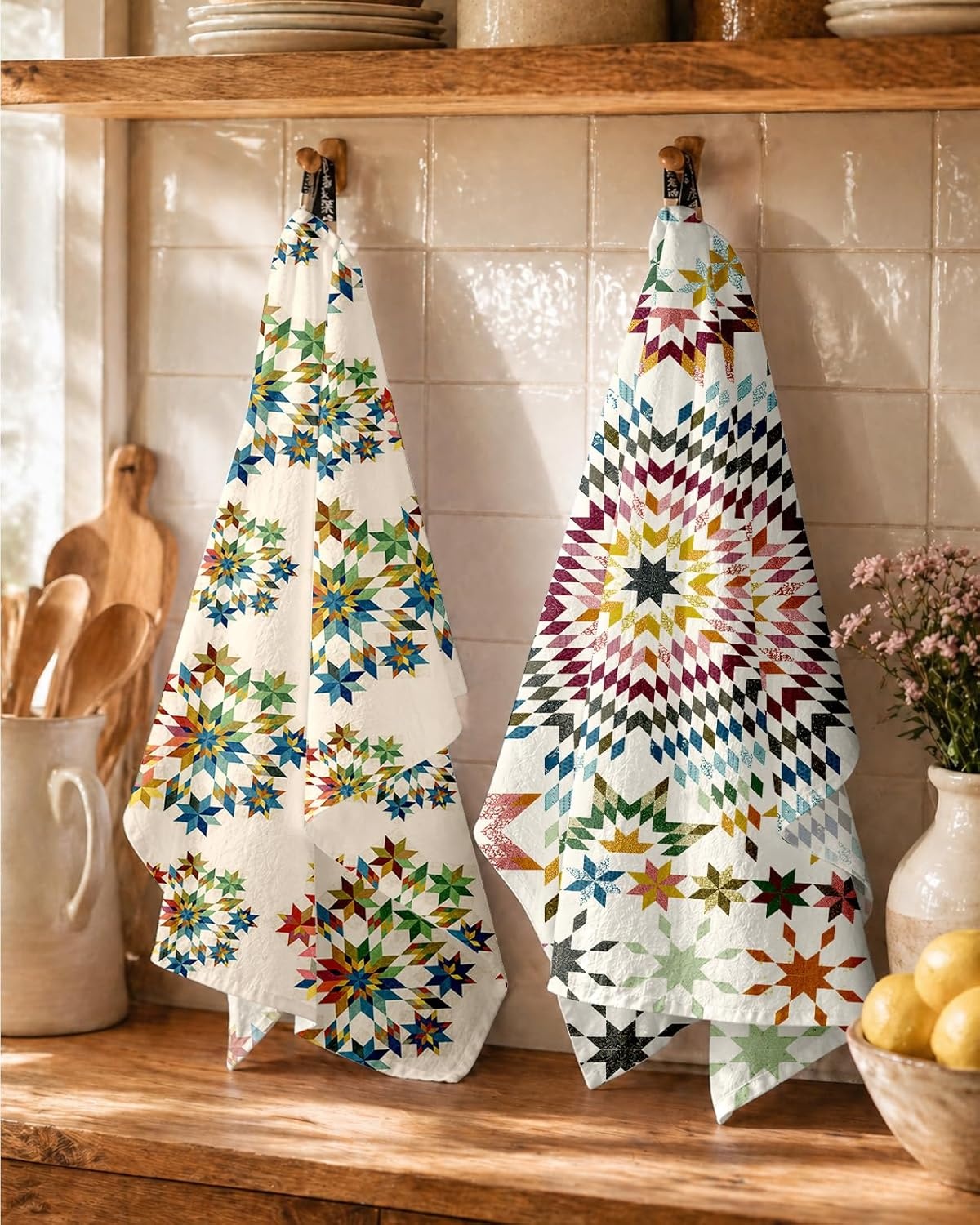 image:imageMiss Adola 2 Pack Flour Sack Kitchen Towels 16x26 Inch Cotton Dish Towels with Hanging Loop Reusable Geometric Boho Modern Tea Towel Absorbent Dishcloths Home Decor Beige BohemiaStarburst Design