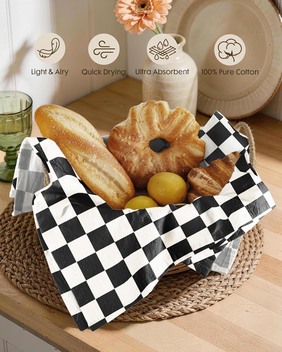 image:imageMiss Adola 2 Pack Flour Sack Kitchen Towels 16x26 Inch Cotton Dish Towels with Hanging Loop Reusable Geometric Boho Modern Tea Towel Absorbent Dishcloths Home Decor Beige BohemiaCheckered