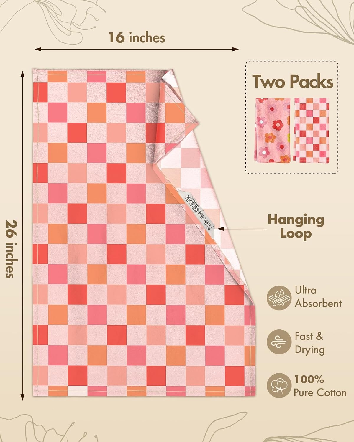 image:imageMiss Adola 2 Pack Flour Sack Kitchen Towels 16x26 Inch Cotton Dish Towels with Hanging Loop Reusable Geometric Boho Modern Tea Towel Absorbent Dishcloths Home Decor Beige BohemiaPink Checkered Flower