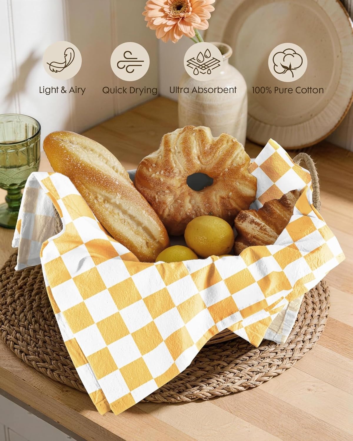 image:imageMiss Adola 2 Pack Flour Sack Kitchen Towels 16x26 Inch Cotton Dish Towels with Hanging Loop Reusable Geometric Boho Modern Tea Towel Absorbent Dishcloths Home Decor Beige BohemiaYellow Daisy