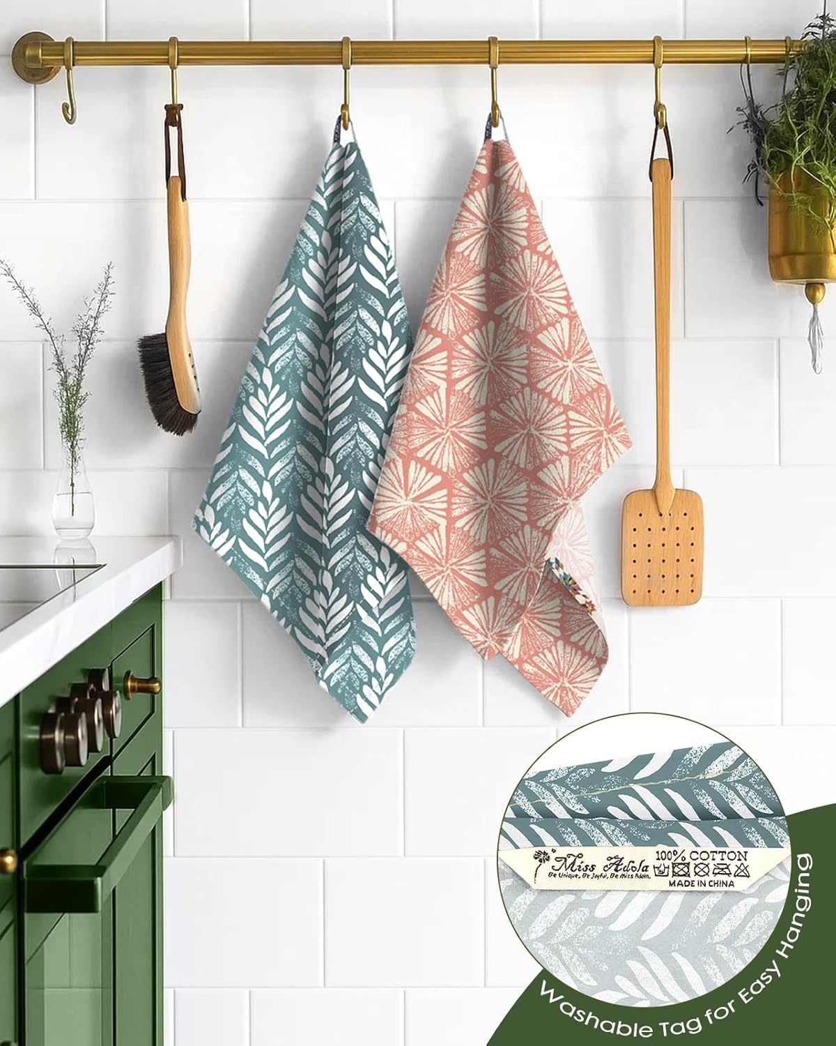 image:imageMiss Adola 2 Pack Flour Sack Kitchen Towels 16x26 Inch Cotton Dish Towels with Hanging Loop Reusable Geometric Boho Modern Tea Towel Absorbent Dishcloths Home Decor Beige BohemiaBotanical Flower