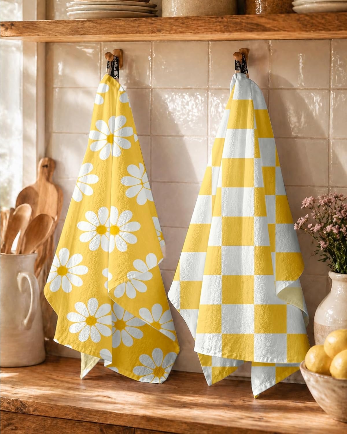 image:imageMiss Adola 2 Pack Flour Sack Kitchen Towels 16x26 Inch Cotton Dish Towels with Hanging Loop Reusable Geometric Boho Modern Tea Towel Absorbent Dishcloths Home Decor Beige BohemiaYellow Daisy