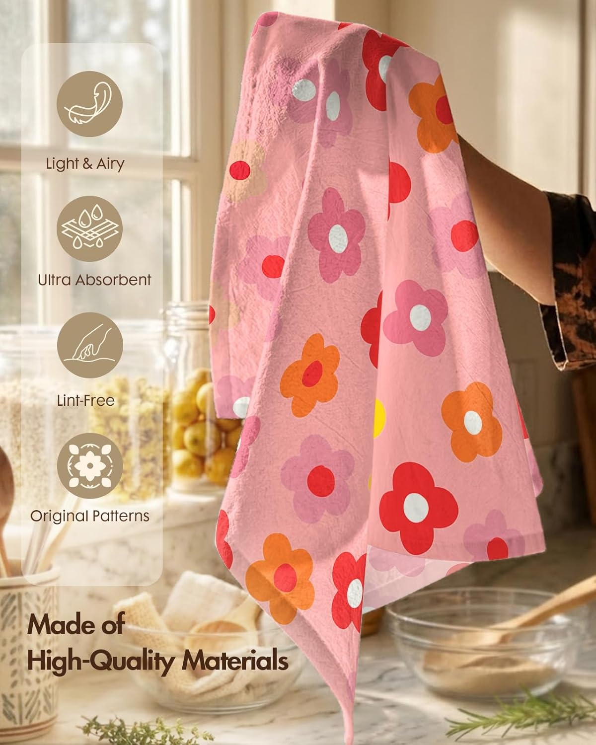 image:imageMiss Adola 2 Pack Flour Sack Kitchen Towels 16x26 Inch Cotton Dish Towels with Hanging Loop Reusable Geometric Boho Modern Tea Towel Absorbent Dishcloths Home Decor Beige BohemiaPink Checkered Flower