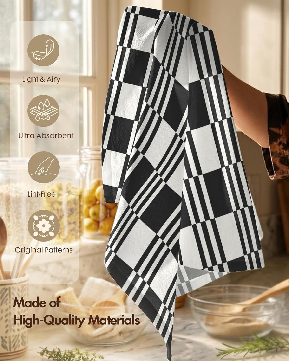 image:imageMiss Adola 2 Pack Flour Sack Kitchen Towels 16x26 Inch Cotton Dish Towels with Hanging Loop Reusable Geometric Boho Modern Tea Towel Absorbent Dishcloths Home Decor Beige BohemiaCheckered