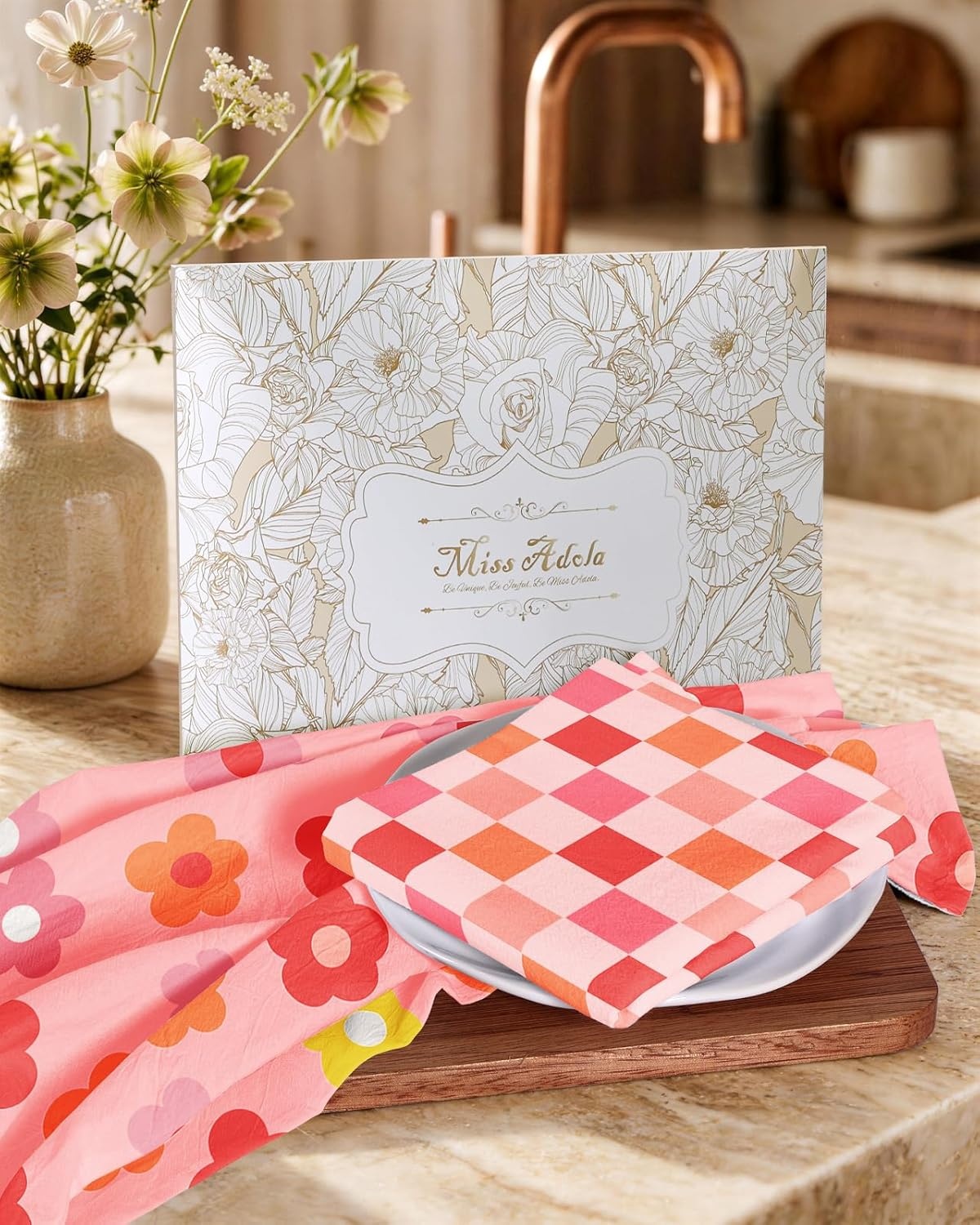 image:imageMiss Adola 2 Pack Flour Sack Kitchen Towels 16x26 Inch Cotton Dish Towels with Hanging Loop Reusable Geometric Boho Modern Tea Towel Absorbent Dishcloths Home Decor Beige BohemiaPink Checkered Flower