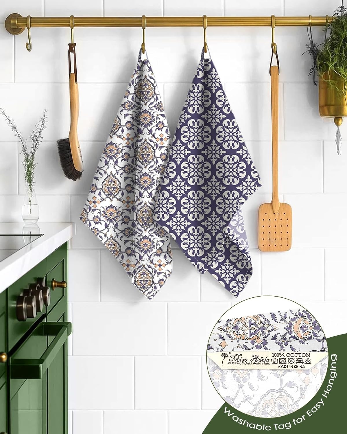 image:imageMiss Adola 2 Pack Flour Sack Kitchen Towels 16x26 Inch Cotton Dish Towels with Hanging Loop Reusable Geometric Boho Modern Tea Towel Absorbent Dishcloths Home Decor Beige BohemiaBlue Boho Style