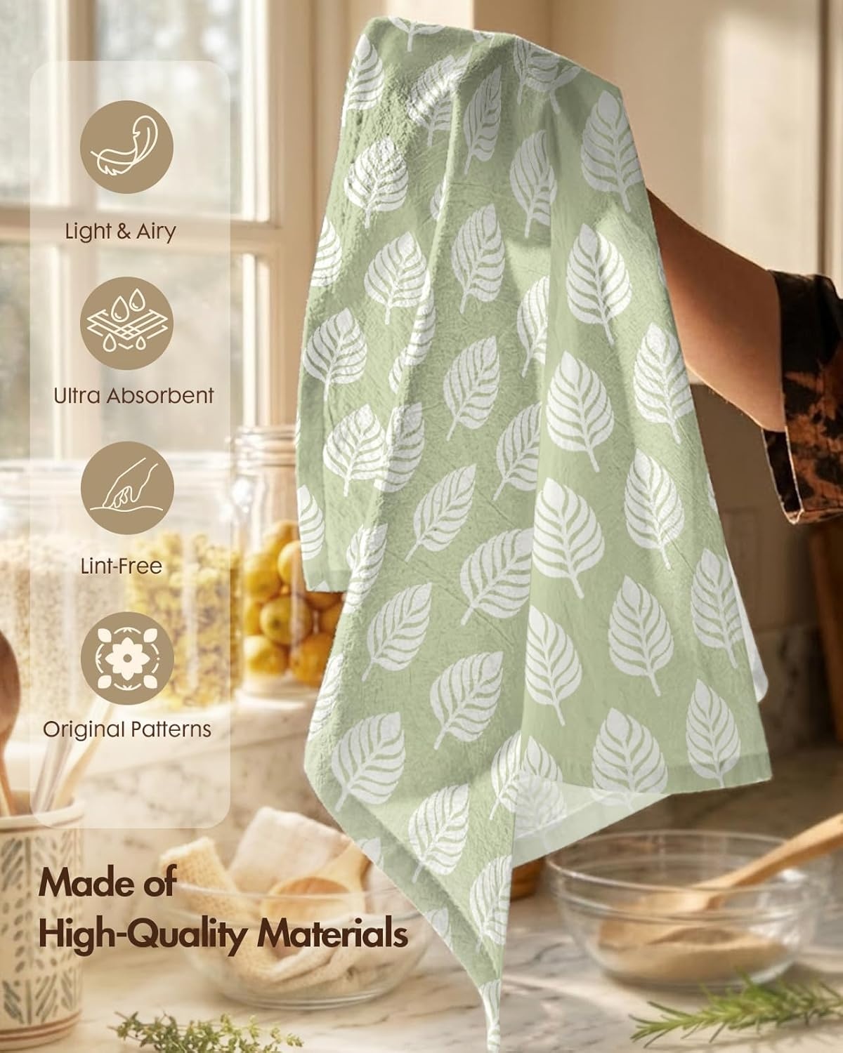 image:imageMiss Adola 2 Pack Flour Sack Kitchen Towels 16x26 Inch Cotton Dish Towels with Hanging Loop Reusable Geometric Boho Modern Tea Towel Absorbent Dishcloths Home Decor Beige BohemiaGreen Leaf