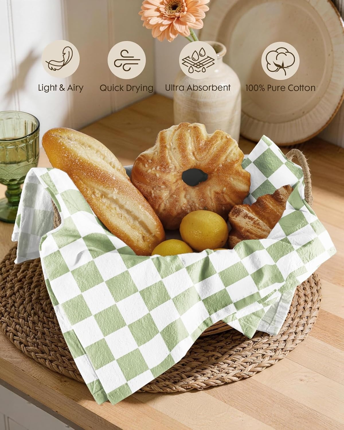 image:imageMiss Adola 2 Pack Flour Sack Kitchen Towels 16x26 Inch Cotton Dish Towels with Hanging Loop Reusable Geometric Boho Modern Tea Towel Absorbent Dishcloths Home Decor Beige BohemiaGreen Leaf