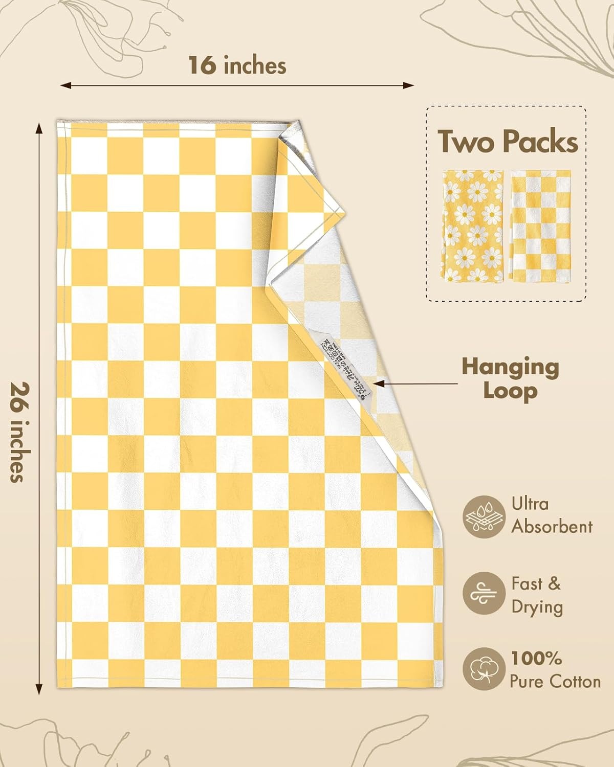 image:imageMiss Adola 2 Pack Flour Sack Kitchen Towels 16x26 Inch Cotton Dish Towels with Hanging Loop Reusable Geometric Boho Modern Tea Towel Absorbent Dishcloths Home Decor Beige BohemiaYellow Daisy