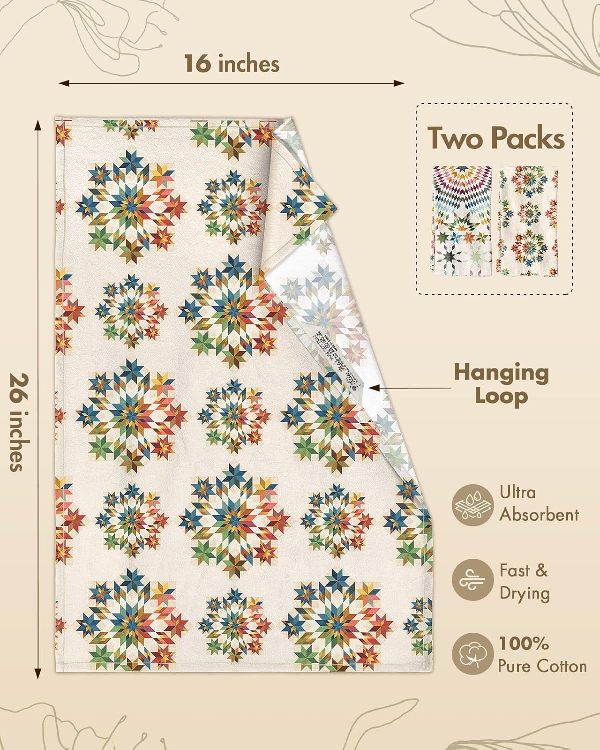 image:imageMiss Adola 2 Pack Flour Sack Kitchen Towels 16x26 Inch Cotton Dish Towels with Hanging Loop Reusable Geometric Boho Modern Tea Towel Absorbent Dishcloths Home Decor Beige BohemiaStarburst Design