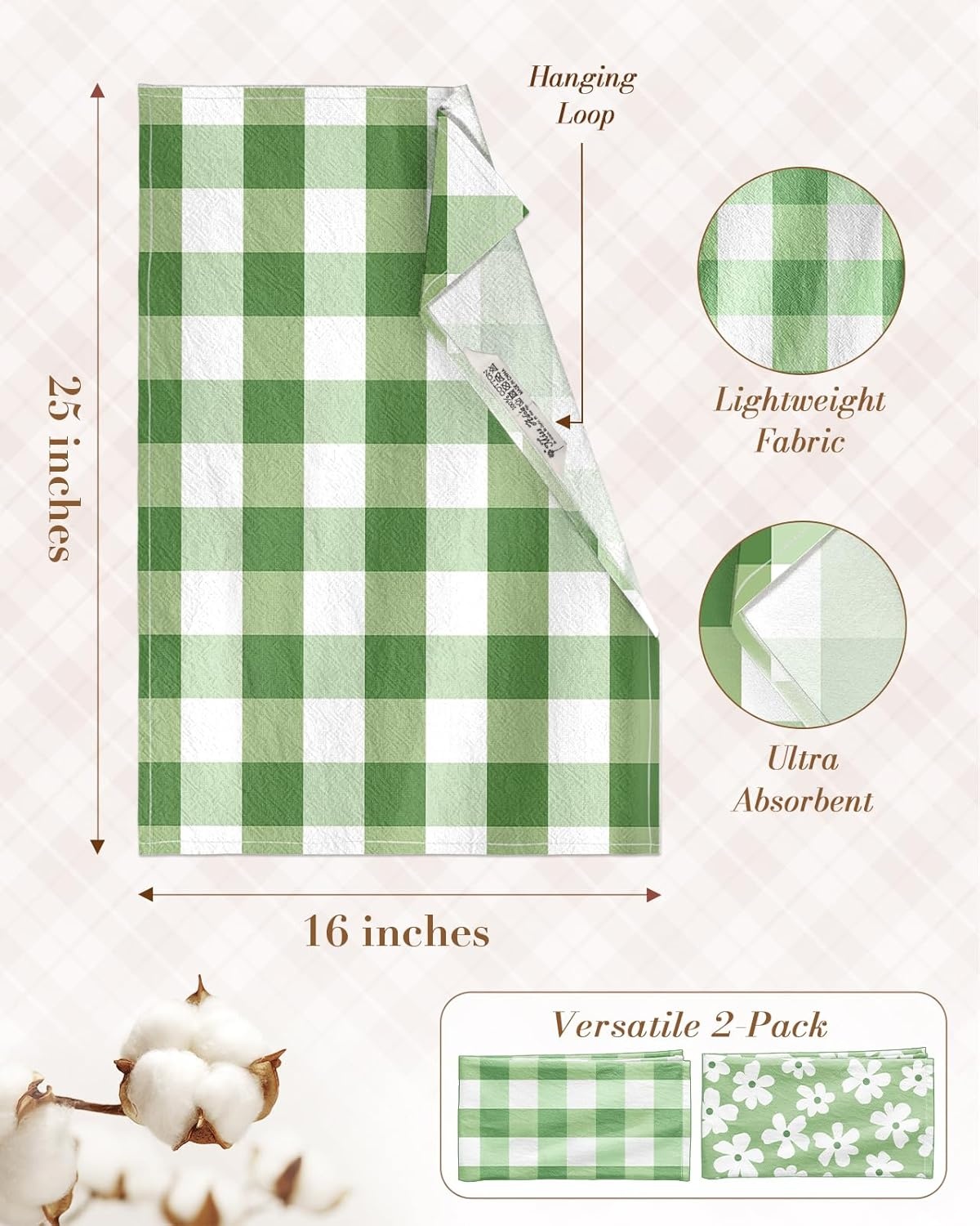 image:imageMiss Adola 2pcs Flour Sack Kitchen Towels 18x 26 Cotton Kitchen Hand Towels with Hanging Loop Reusable Geometric Girly Plaid Floral Tea Towel Absorbent Dishcloths Home Decor Pink FlowerMatcha Green