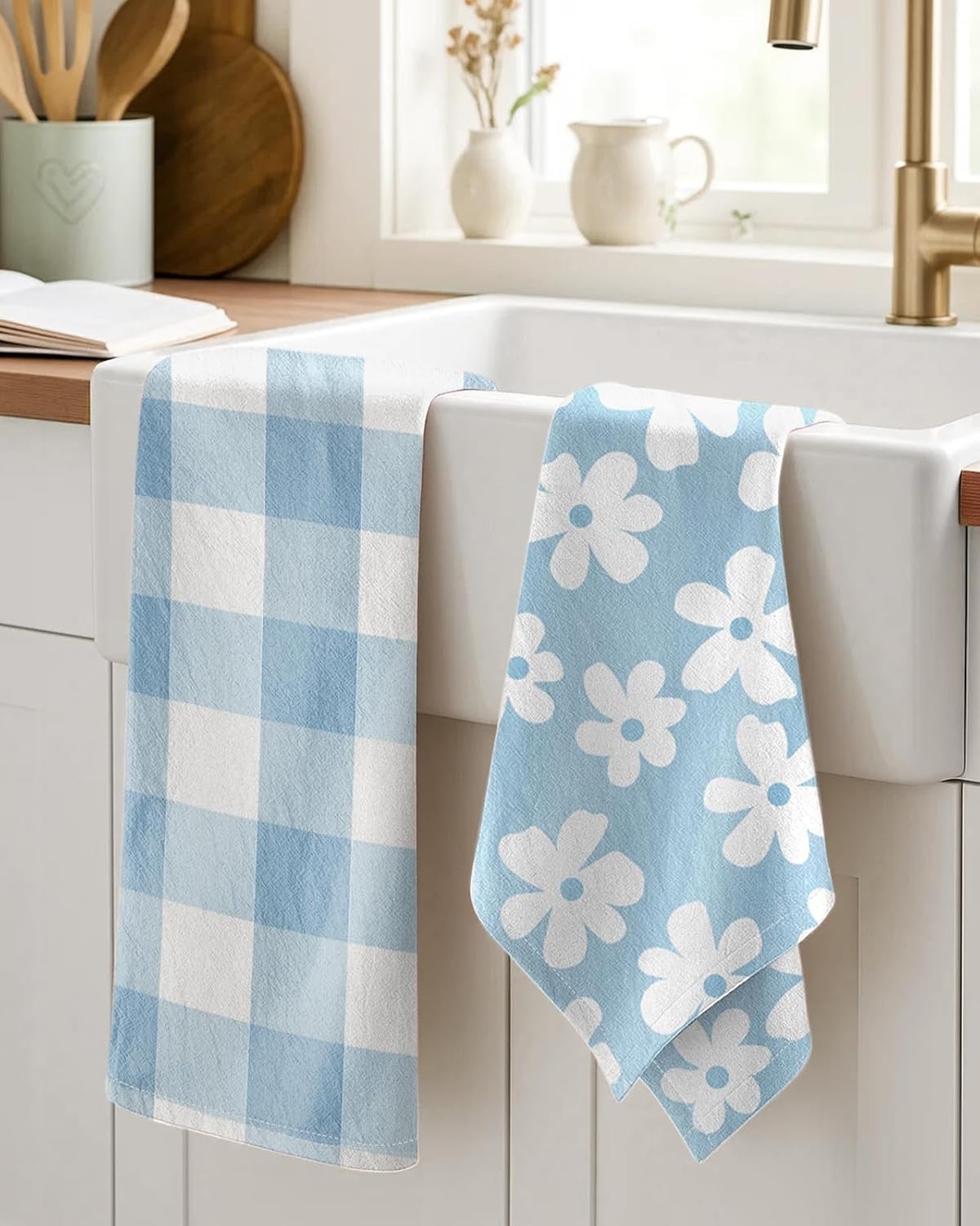 image:imageMiss Adola 2pcs Flour Sack Kitchen Towels 18x 26 Cotton Kitchen Hand Towels with Hanging Loop Reusable Geometric Girly Plaid Floral Tea Towel Absorbent Dishcloths Home Decor Pink FlowerBaby Blue