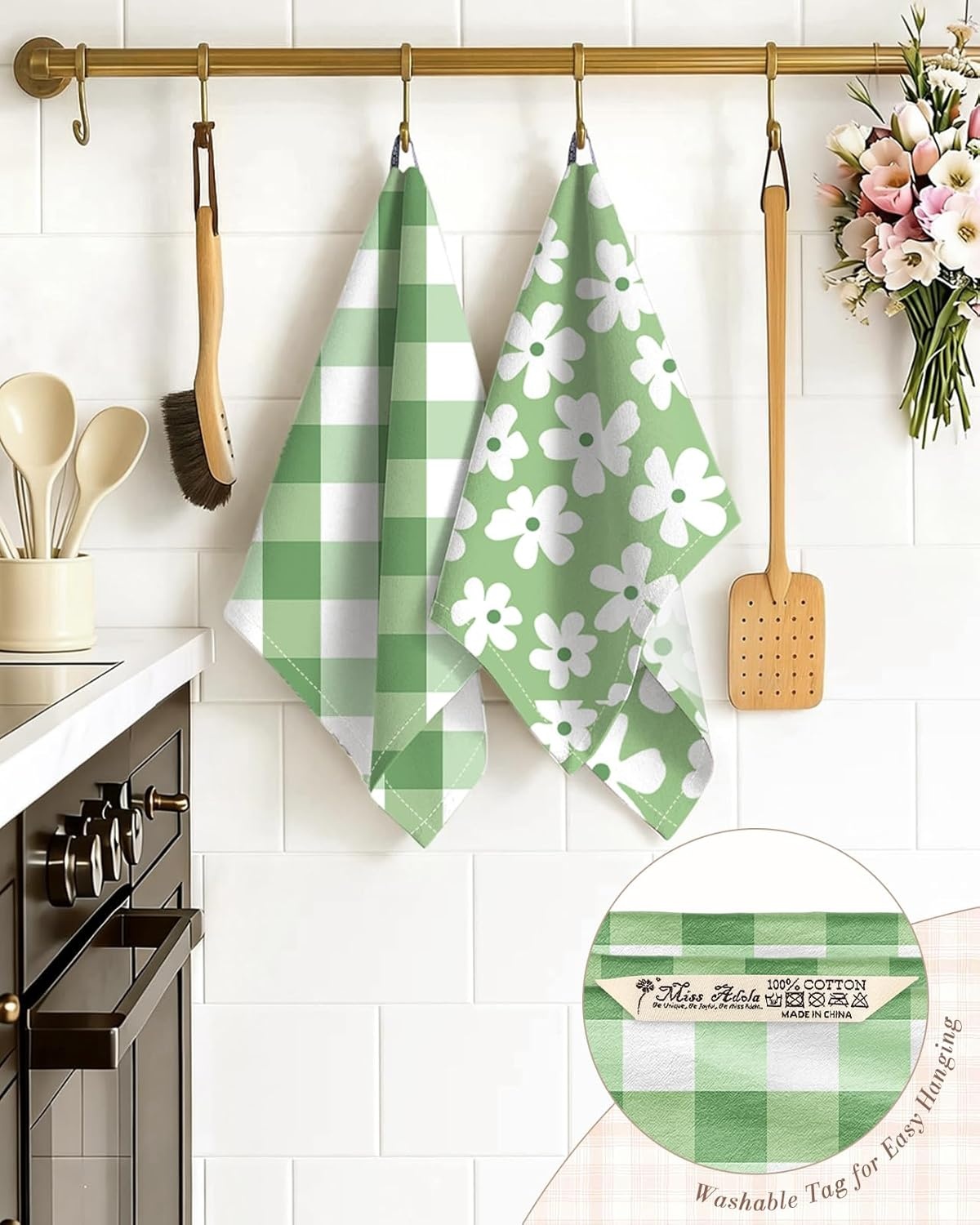 image:imageMiss Adola 2pcs Flour Sack Kitchen Towels 18x 26 Cotton Kitchen Hand Towels with Hanging Loop Reusable Geometric Girly Plaid Floral Tea Towel Absorbent Dishcloths Home Decor Pink FlowerMatcha Green