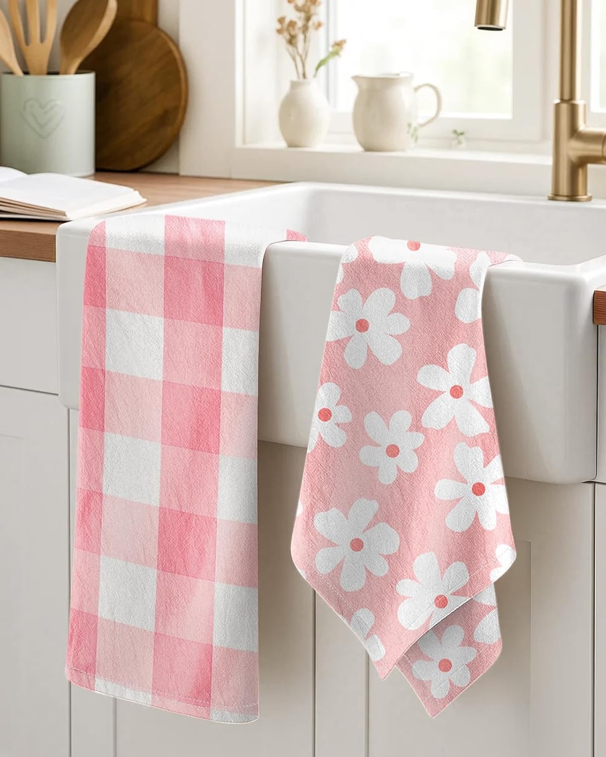 image:imageMiss Adola 2pcs Flour Sack Kitchen Towels 18x 26 Cotton Kitchen Hand Towels with Hanging Loop Reusable Geometric Girly Plaid Floral Tea Towel Absorbent Dishcloths Home Decor Pink FlowerPink Flowers