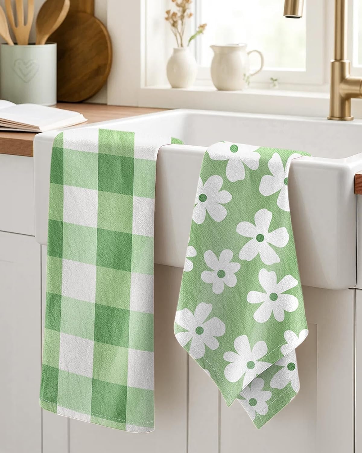 image:imageMiss Adola 2pcs Flour Sack Kitchen Towels 18x 26 Cotton Kitchen Hand Towels with Hanging Loop Reusable Geometric Girly Plaid Floral Tea Towel Absorbent Dishcloths Home Decor Pink FlowerMatcha Green