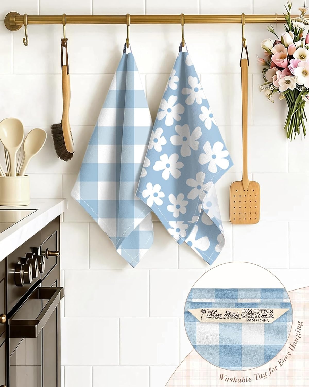 image:imageMiss Adola 2pcs Flour Sack Kitchen Towels 18x 26 Cotton Kitchen Hand Towels with Hanging Loop Reusable Geometric Girly Plaid Floral Tea Towel Absorbent Dishcloths Home Decor Pink FlowerBaby Blue