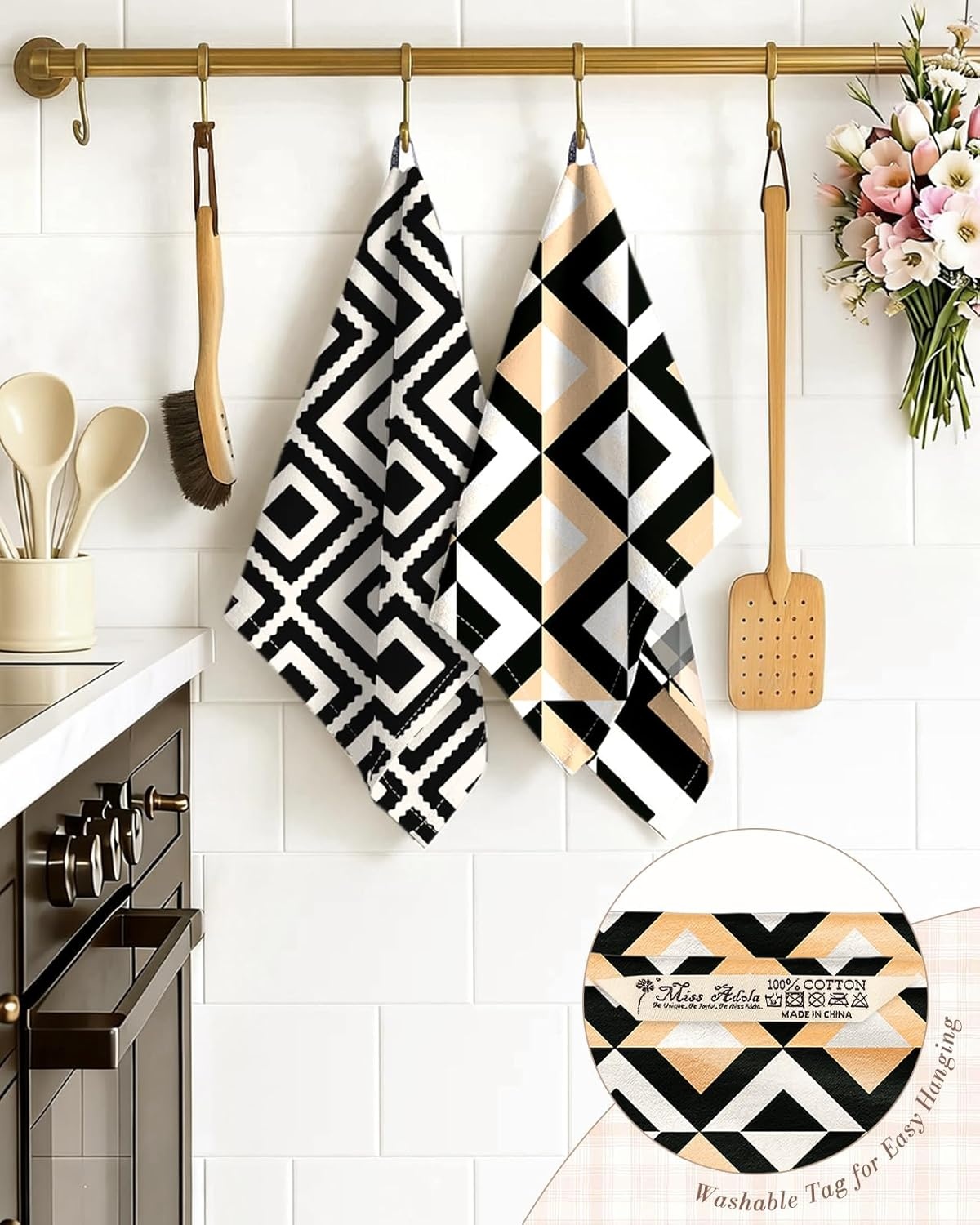 image:imageMiss Adola 2pcs Flour Sack Kitchen Towels 18x 26 Cotton Kitchen Hand Towels with Hanging Loop Reusable Geometric Girly Plaid Floral Tea Towel Absorbent Dishcloths Home Decor Pink FlowerModern Geometric